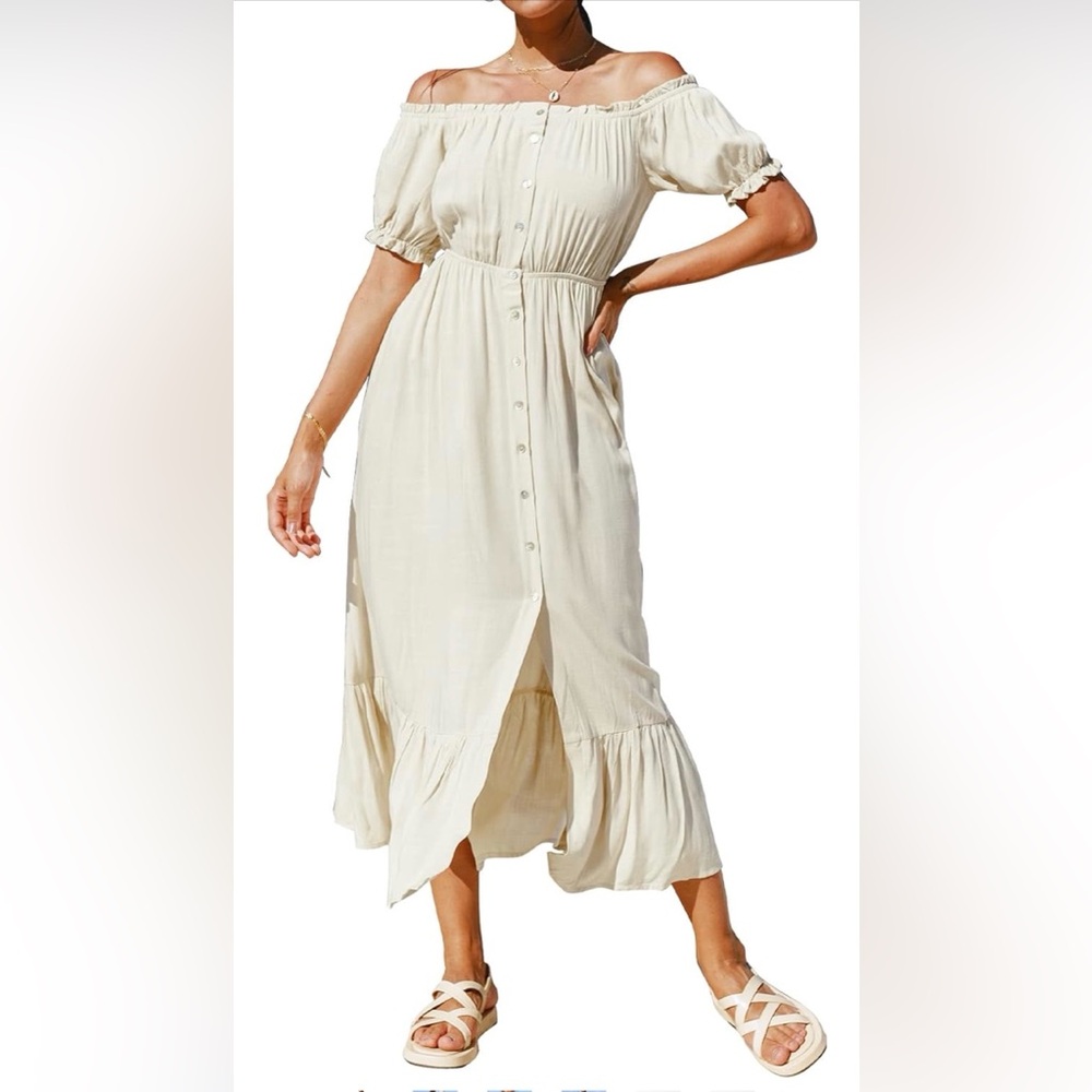CUPSHE Women Off Shoulder Elastic Waist Tea Dress with Short Bubble Sleeves